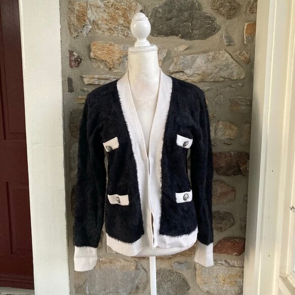 L'AGENCE Kai Wool Fuzzy Pocket Cardigan Color Block Black & White $495 Large - Picture 3 of 12